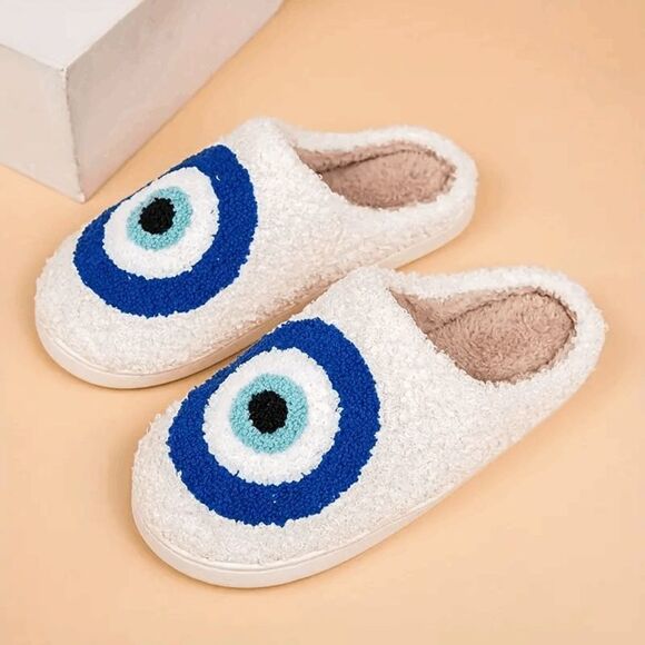 Blue and White Evil Eye Fuzzy Smiley Face Slippers Size 6.5/7 - Picture 4 of 5